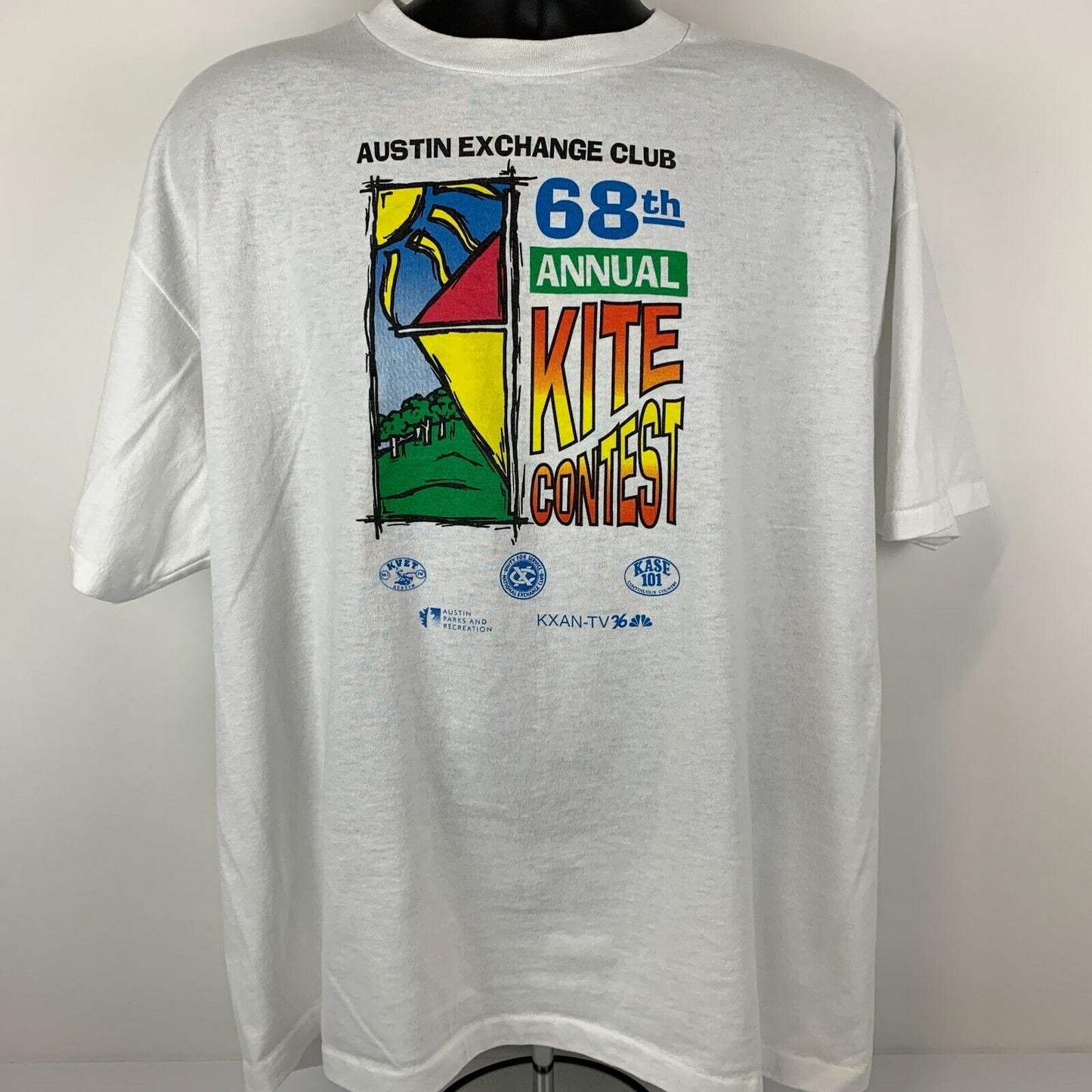 Camiseta vintage de los años 90 del concurso de cometas ABC de Austin, Texas, talla XL, para festivales, para hombre, color blanco