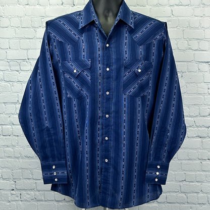 Ely Cattleman Pearl Snap Button Front Shirt Western LS Striped Blue M Medium