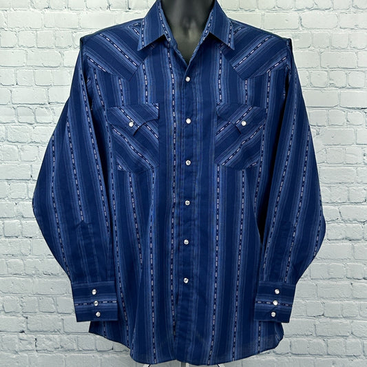 Ely Cattleman Pearl Snap Button Front Shirt Western LS Striped Blue M Medium