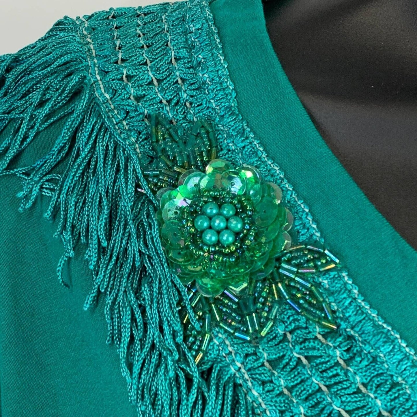 Vintage Cesucci Womens Shirt 2X Embellished Beads Tassels Flowers 90s Green