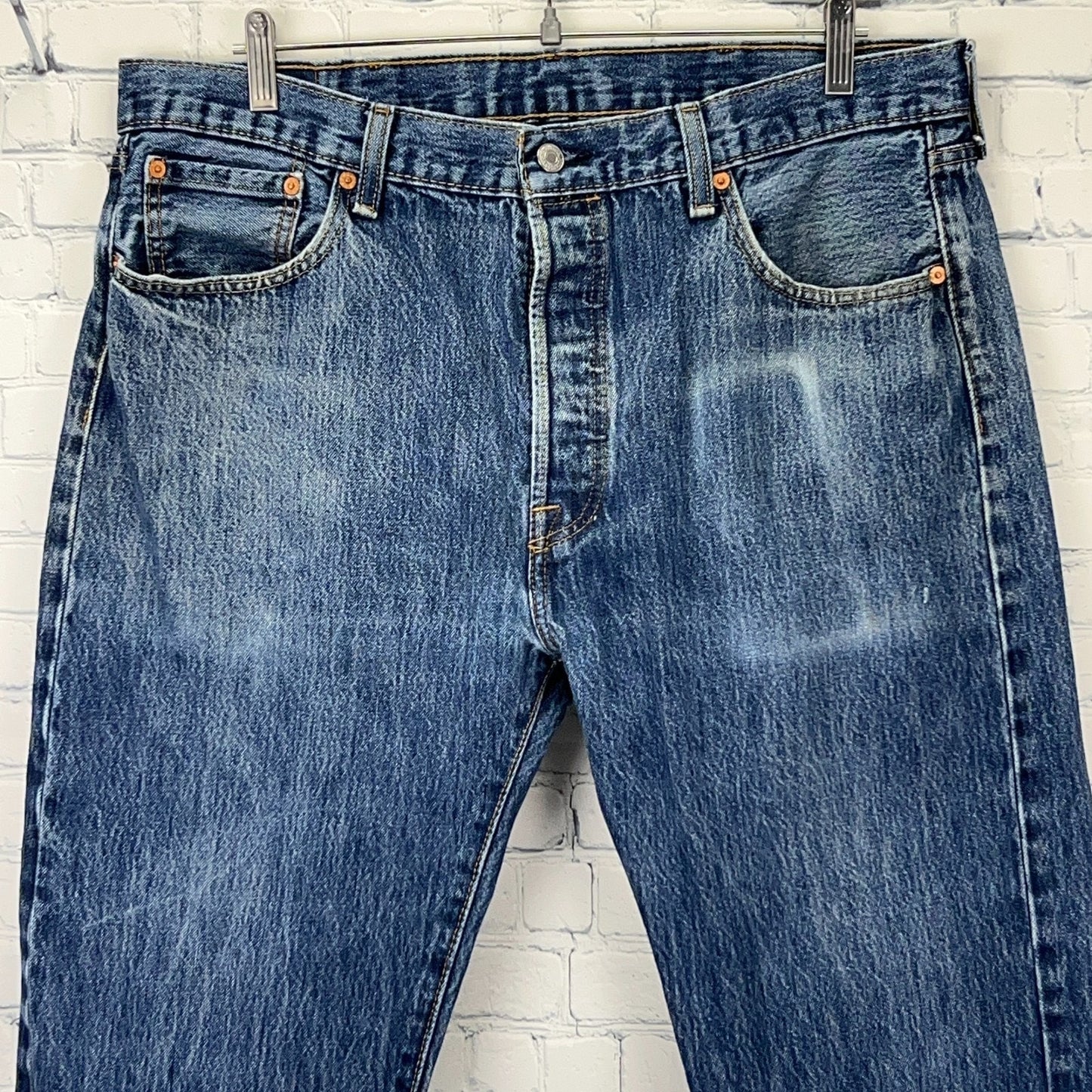 Levis 501 Button Fly Jeans Straight Fit Five Pockets Denim 0115 Blue Mens 38x29
