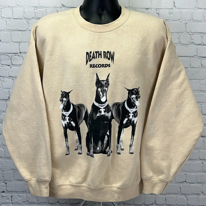 Beige Death Row Records sweatshirt featuring three dogs graphic on the front