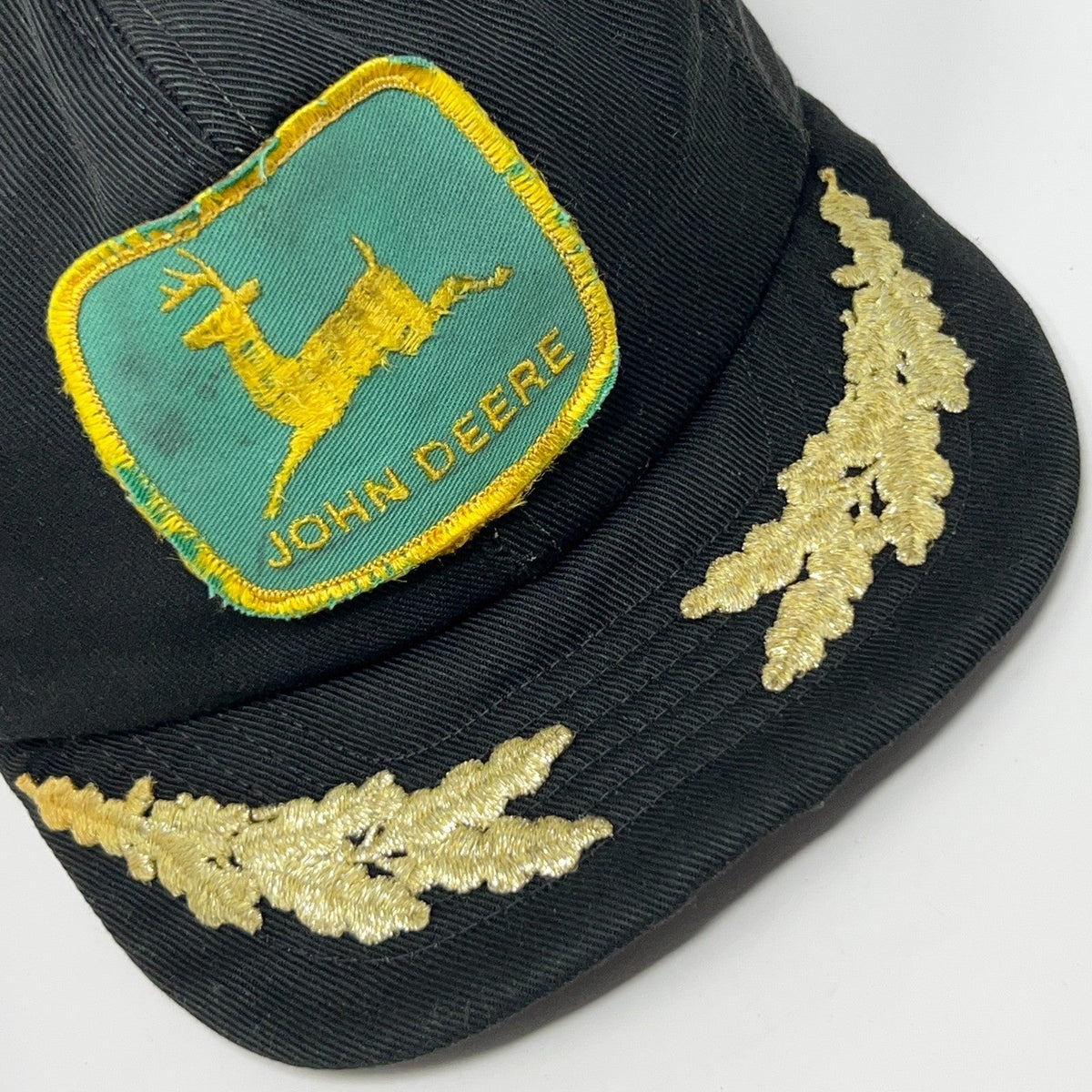 Vintage John Deere Hat Baseball Cap Black USA Made Gold Leaf Tractor Distressed