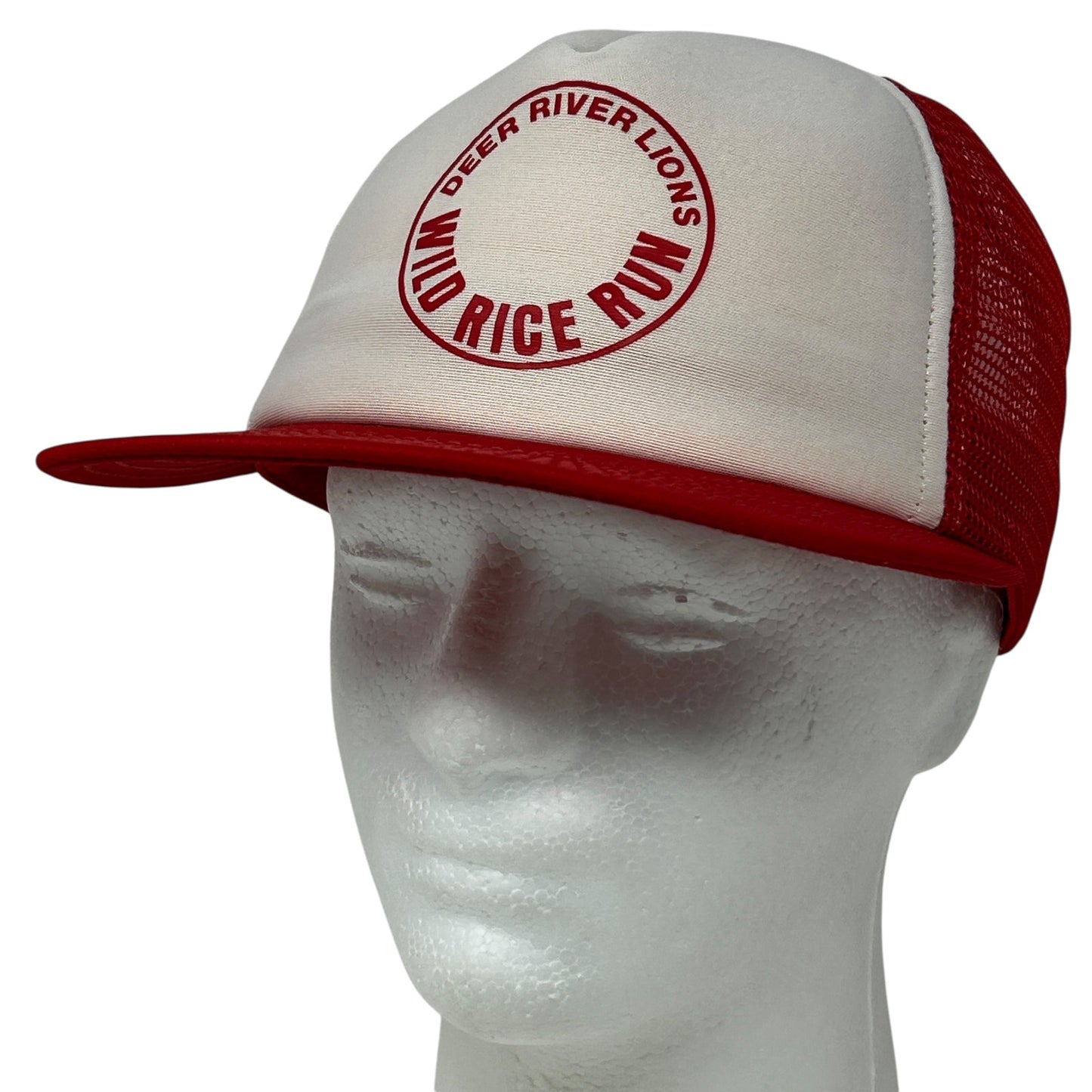Vintage red and white snapback hat featuring Deer River Lions Club logo and mesh back detail