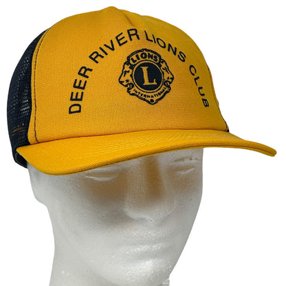 Vintage yellow Deer River Lions Club cap with black mesh back and embroidered logo on front