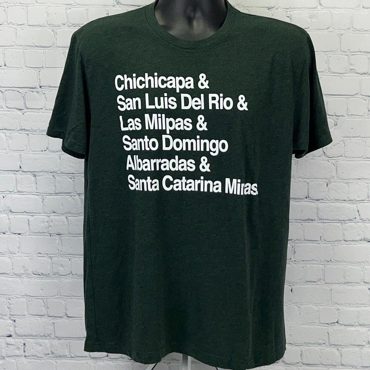 Next Level Apparel Green T-Shirt with Del Maguey Mezcal Single Village graphic print, vintage style, unisex medium