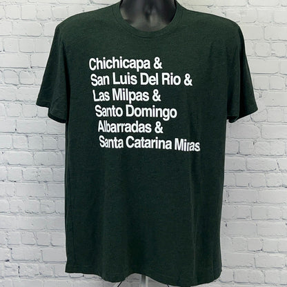 Next Level Apparel Green T-Shirt with Del Maguey Mezcal Single Village graphic print, vintage style, unisex medium