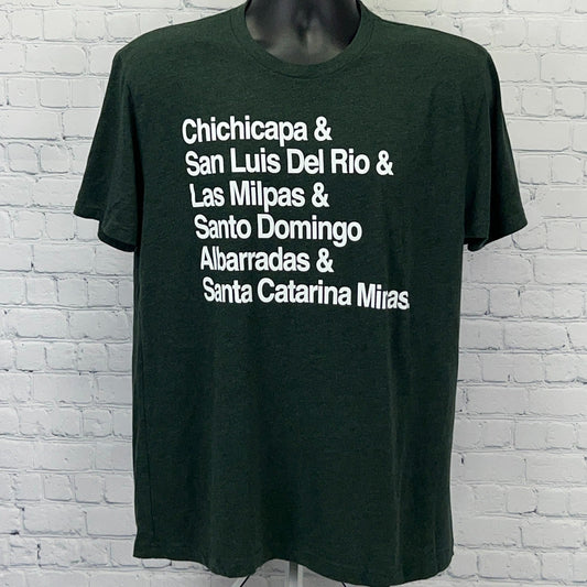 Next Level Apparel Green T-Shirt with Del Maguey Mezcal Single Village graphic print, vintage style, unisex medium