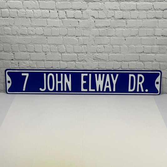 Denver Broncos street sign with blue background and white lettering for John Elway Drive