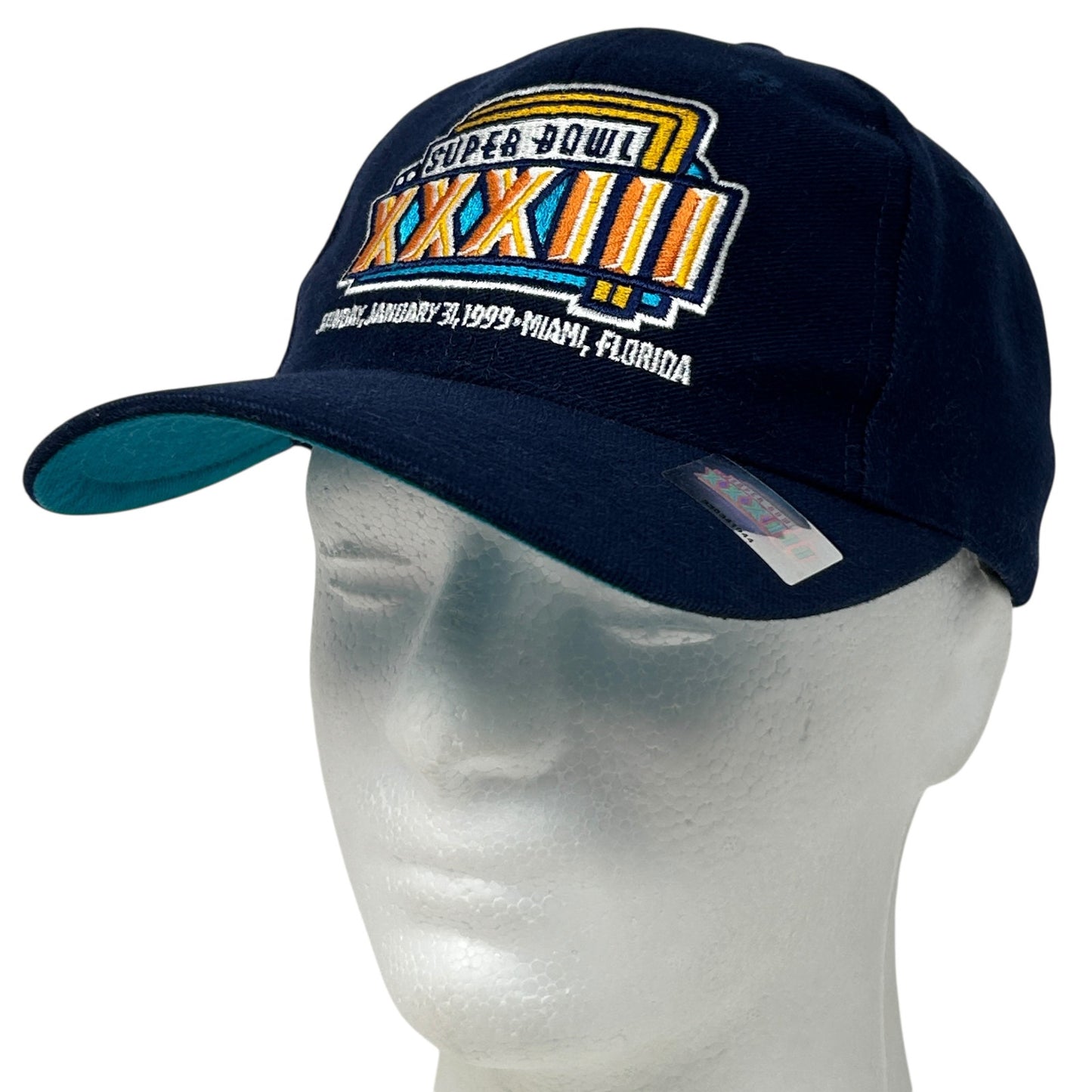 Navy blue Denver Broncos hat with Super Bowl XXXII logo, front view, adjustable fit for all sizes
