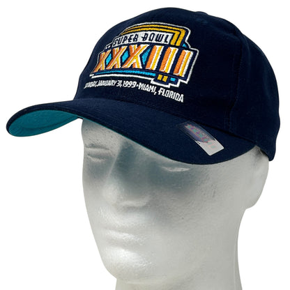 Navy blue Denver Broncos hat with Super Bowl XXXII logo, front view, adjustable fit for all sizes