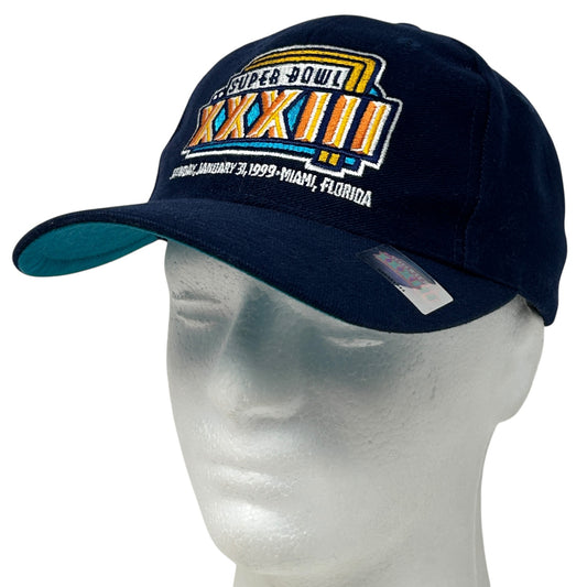 Navy blue Denver Broncos hat with Super Bowl XXXII logo, front view, adjustable fit for all sizes