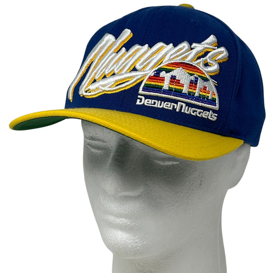 Front view of Mitchell & Ness Denver Nuggets blue and yellow hat featuring embroidered logo and colorful design