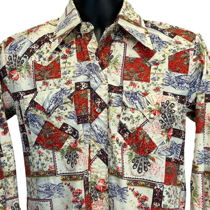 Karman Vintage 70s Pearl Snap Button Front Shirt Floral Patchwork Look Medium