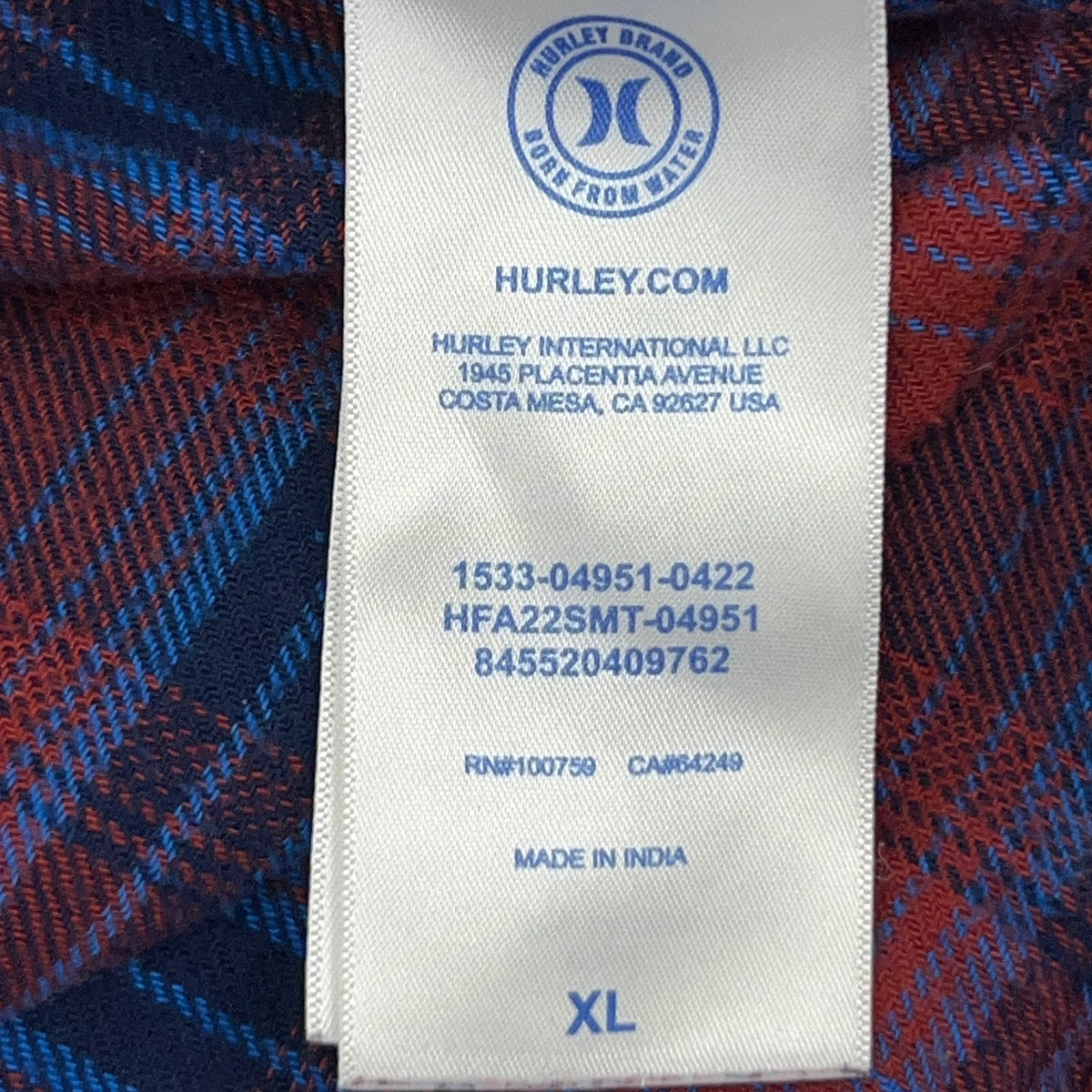 Hurley Flannel Shirt XL X-Large Red Blue Plaid Button Front Cotton Surfer Skater