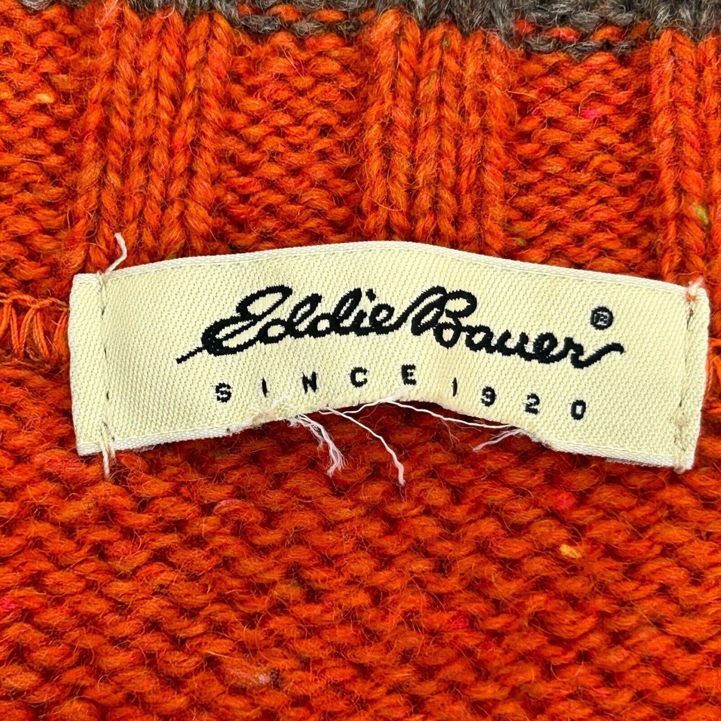 Eddie Bauer Vintage 90s Wool Blend Sweater Large V Neck Made In USA Mens Orange