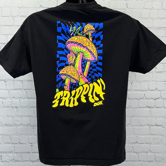 Black DGK T-shirt featuring vibrant mushroom graphic and 'Trippin' text on back