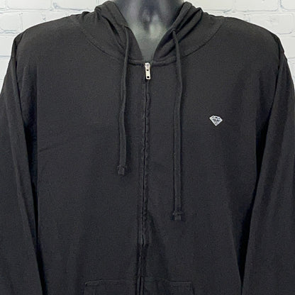 Black zip-up hoodie from Diamond Supply Co. featuring a small diamond logo on the chest, front view.