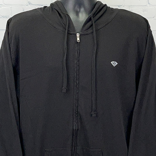 Black zip-up hoodie from Diamond Supply Co. featuring a small diamond logo on the chest, front view.