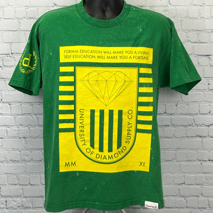 Green Diamond Supply T Shirt with yellow university logo and diamond graphic, front view, size medium