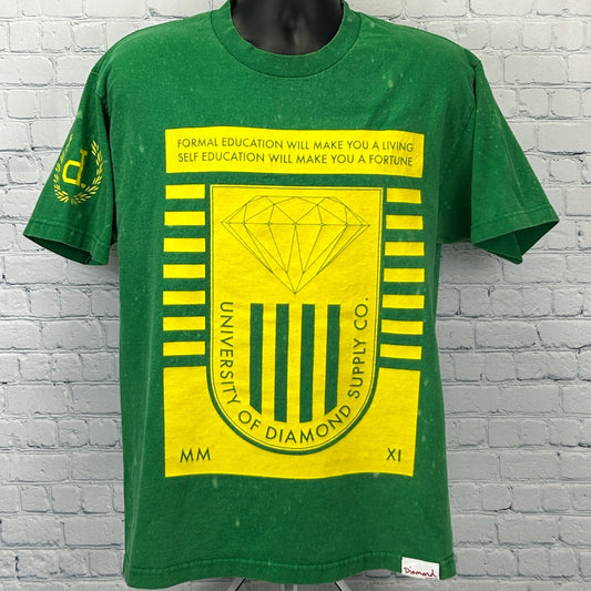 Green Diamond Supply T Shirt with yellow university logo and diamond graphic, front view, size medium