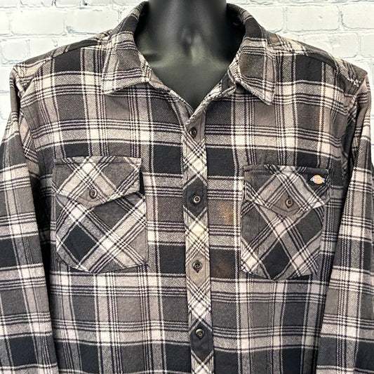Black and gray plaid Dickies Shirt with button front and two chest pockets, front view