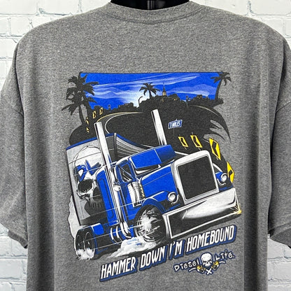 Gray Gildan Trucker T Shirt featuring a large truck graphic and 'Hammer Down I'm Homebound' text on the back