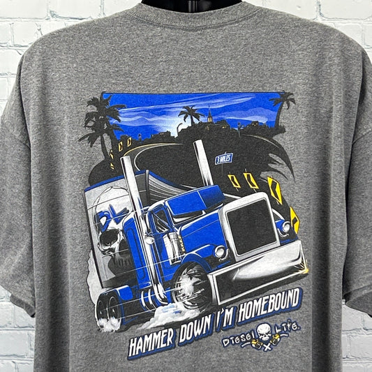 Gray Gildan Trucker T Shirt featuring a large truck graphic and 'Hammer Down I'm Homebound' text on the back