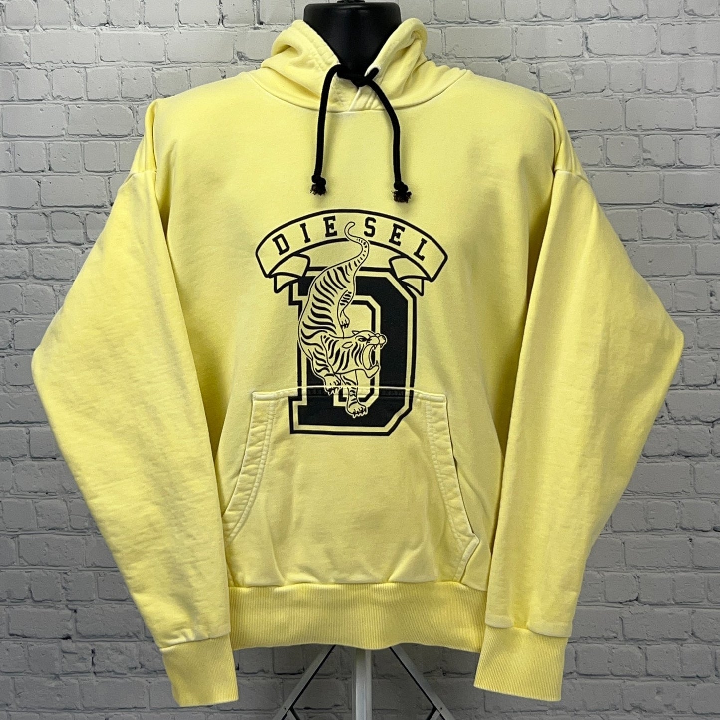 Yellow Diesel hoodie featuring a front graphic design with logo and kangaroo pocket