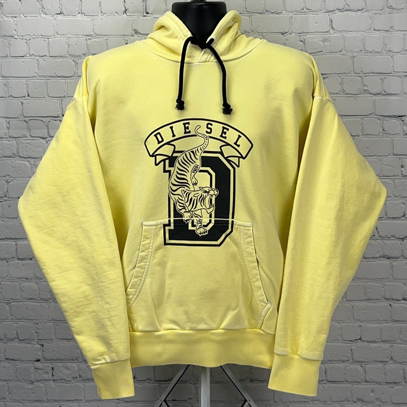 Yellow Diesel hoodie featuring a front graphic design with logo and kangaroo pocket