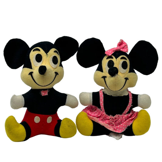 Mickey and Minnie Mouse plush dolls, Mickey in red shorts, Minnie in pink dress, cute and collectible design