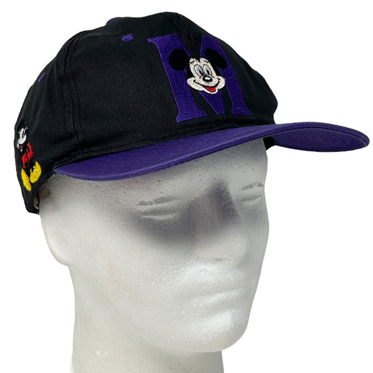 Vintage black Mickey Mouse hat with purple M logo and side character detail for casual wear