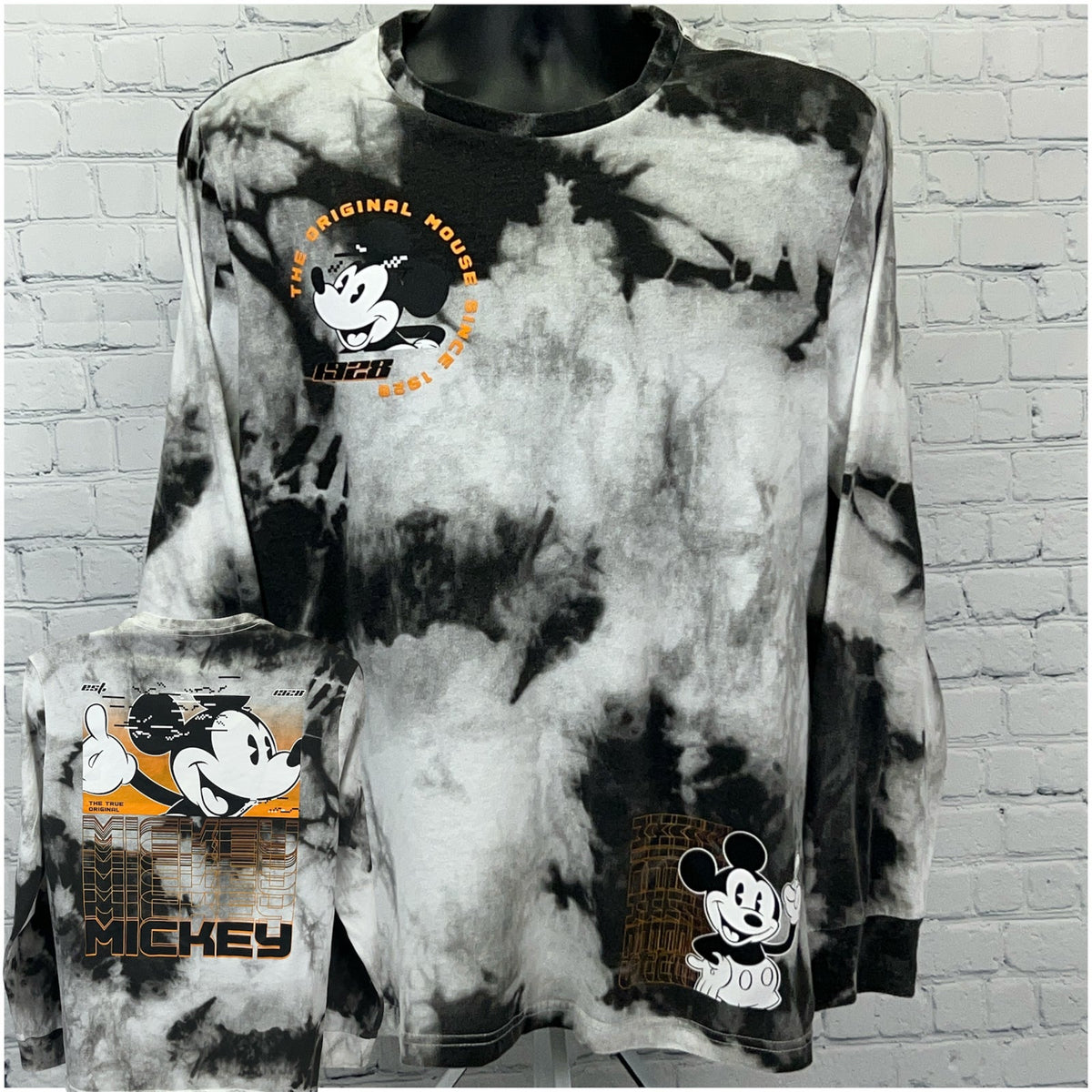 Disney Mickey Mouse Tie-Dye Long Sleeve Shirt in Black and White