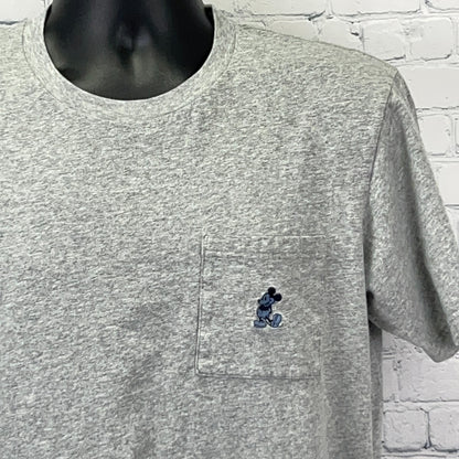 Grey Uniqlo T-shirt with Mickey Mouse embroidered pocket detail, size large, front view