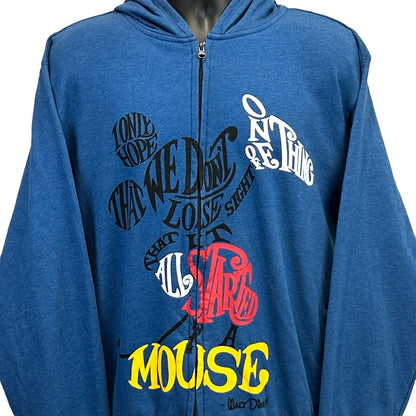 Blue Disney Mickey Mouse hoodie featuring colorful graphic text design on the front