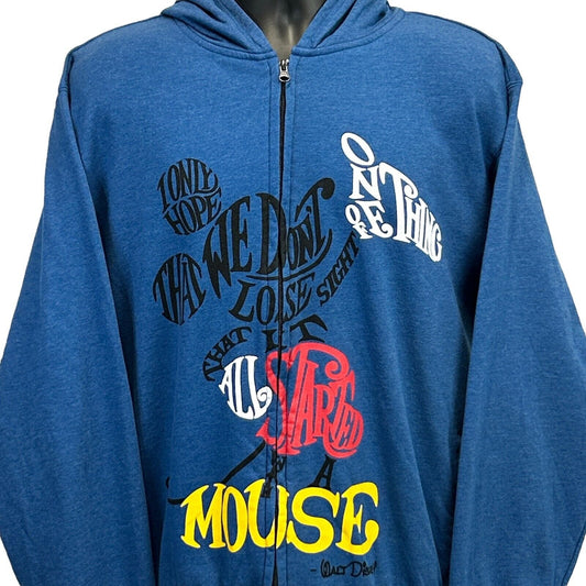 Blue Disney Mickey Mouse hoodie featuring colorful graphic text design on the front