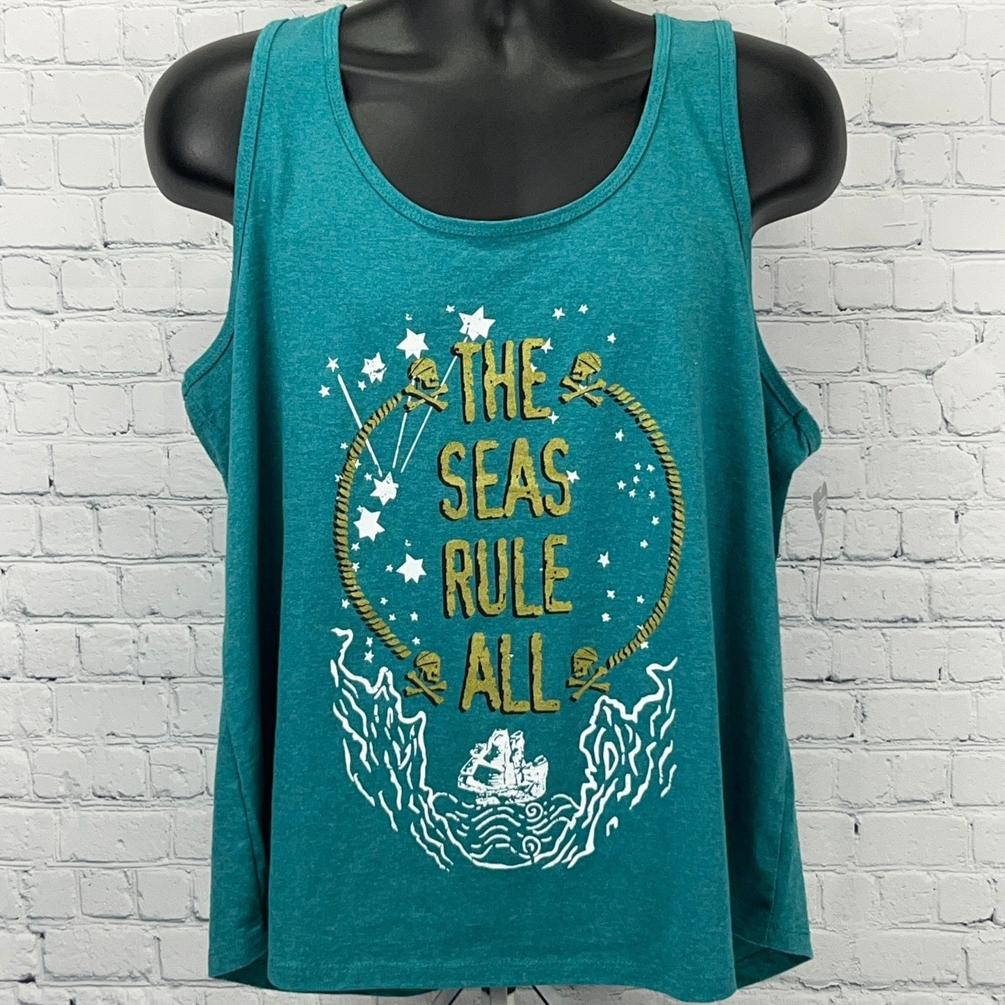 Disney teal tank top featuring 'The Seas Rule All' graphic design with nautical elements in front view