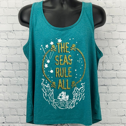 Disney teal tank top featuring 'The Seas Rule All' graphic design with nautical elements in front view