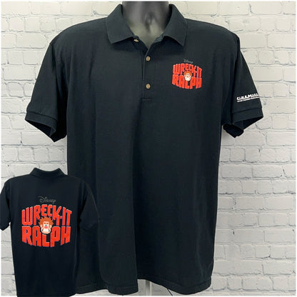 Disney Wreck It Ralph Black Polo Shirt with Front Logo and Back Design, Casual Fit Size Large