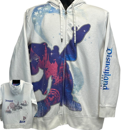 Disney Parks Authentic Mickey Mouse Hoodie in white with colorful design and Disneyland Resort logo on sleeve