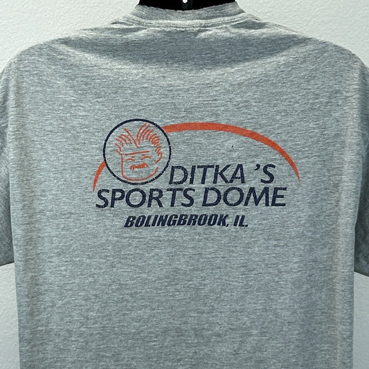 Back view of Hanes gray T-shirt featuring Mike Ditka's Sports Dome logo in Bolingbrook, IL
