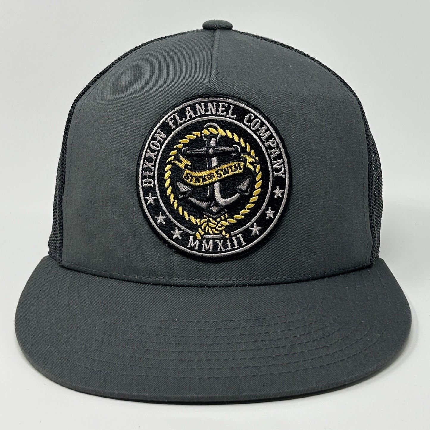 Dixxon Hat in gray with front logo patch featuring anchor design and embroidered text