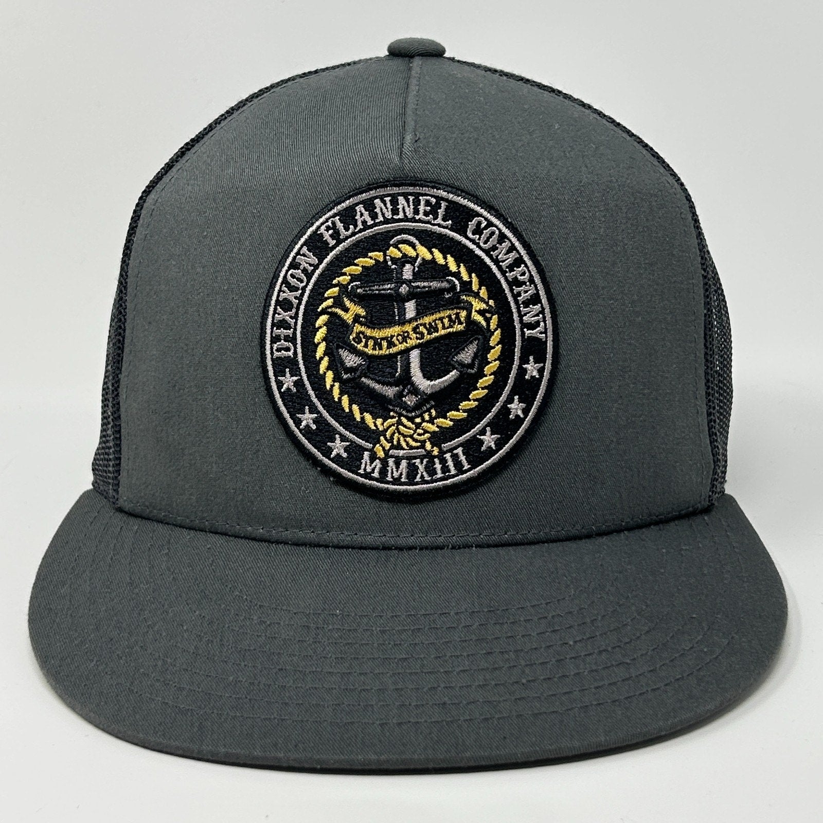 Dixxon Hat in gray with front logo patch featuring anchor design and embroidered text