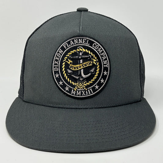 Dixxon Hat in gray with front logo patch featuring anchor design and embroidered text