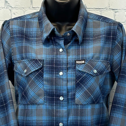 Dixxon Shirt in blue plaid pattern, featuring front pockets and logo on chest, size medium.