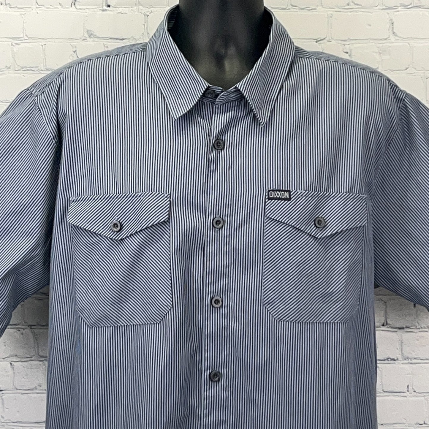Dixxon Flannel Co. Men's Gray Striped Shirt Size Medium Front View with Two Chest Pockets