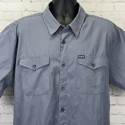 Dixxon Flannel Co. Men's Gray Striped Shirt Size Medium Front View with Two Chest Pockets
