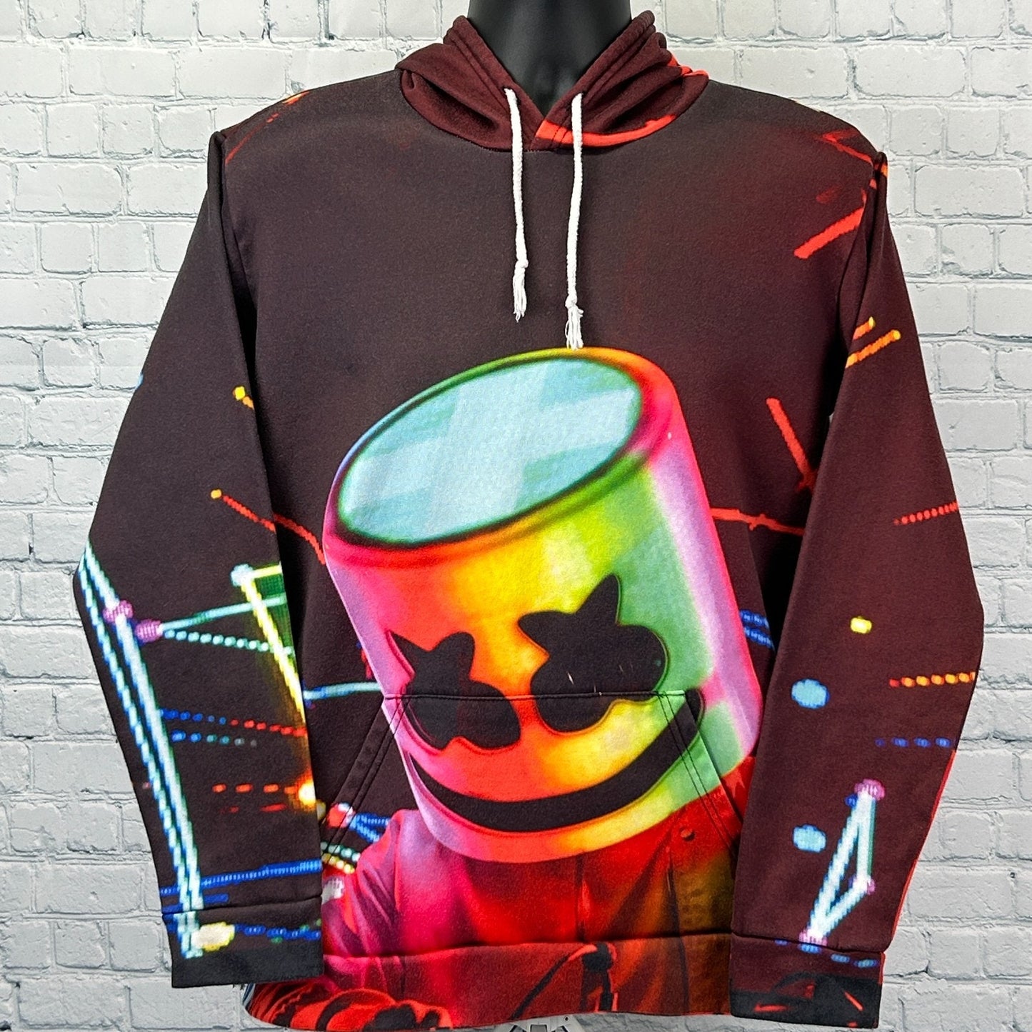DJ Marshmello Hoodie in black with colorful graphic of Marshmello's mask, front view, medium size