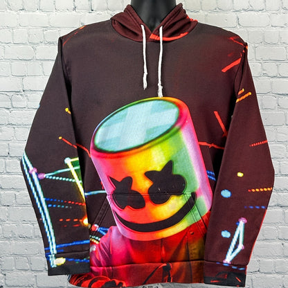 DJ Marshmello Hoodie in black with colorful graphic of Marshmello's mask, front view, medium size