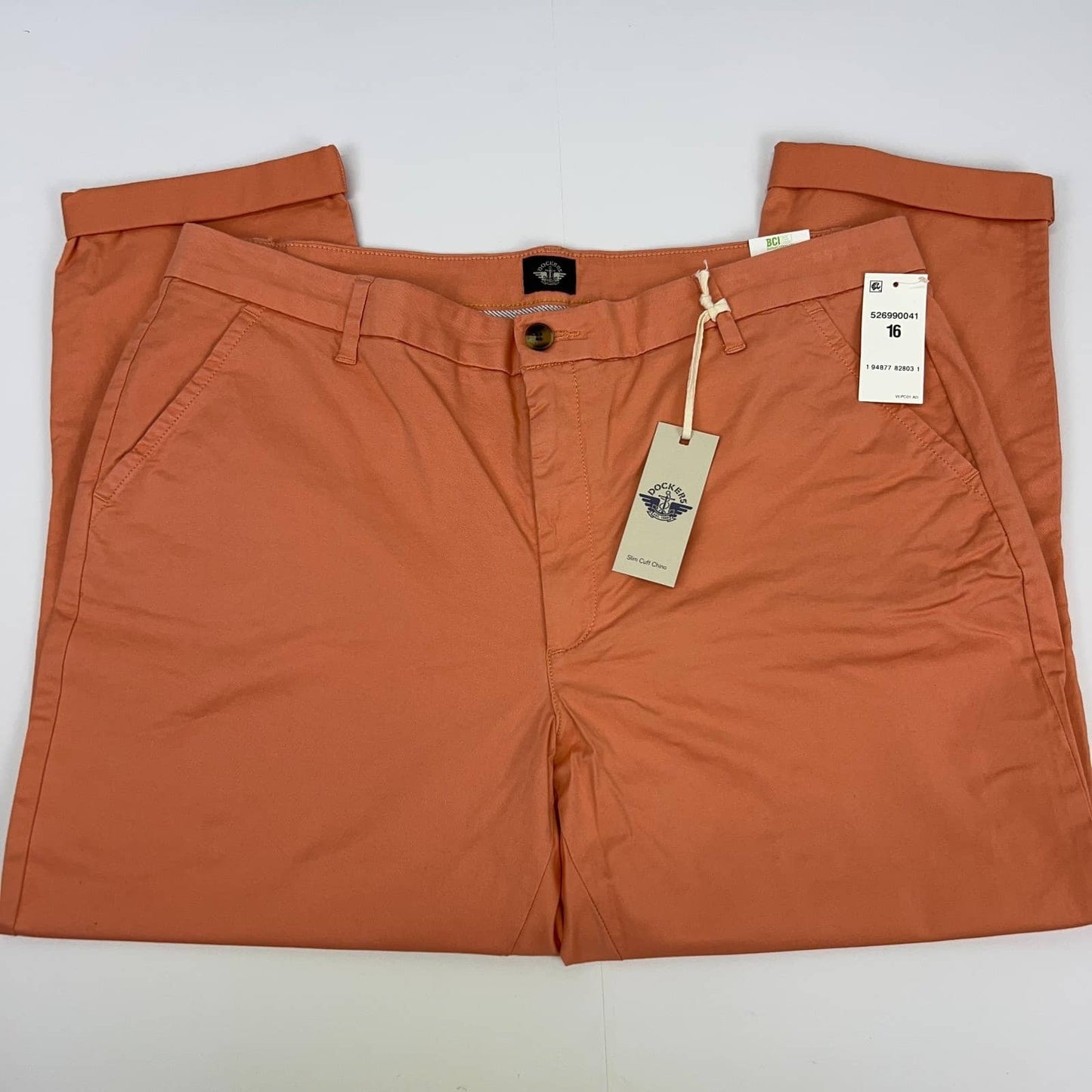 Dockers chino pants in coral, size 16, flat lay view for easy styling options